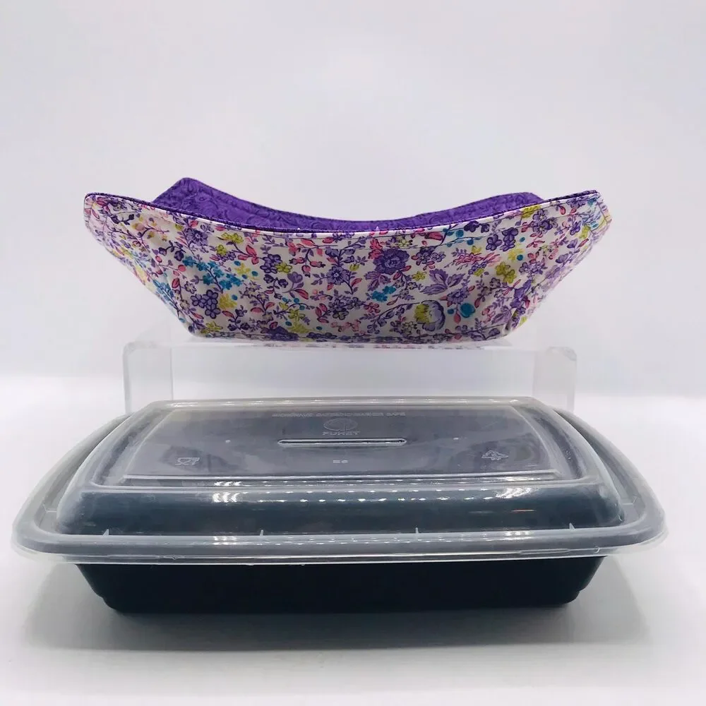 Reversible Microwave Cozie For Takeout Containers Cottage Floral Lavender Purple